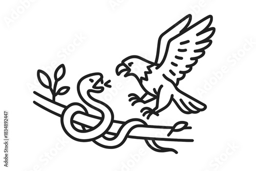 Raptor bird with wings spread confronting a venomous snake coiled around a leafy tree branch