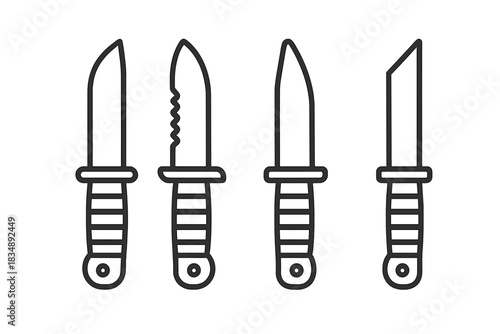 Set of four distinct combat and survival knife designs with various blades and handles