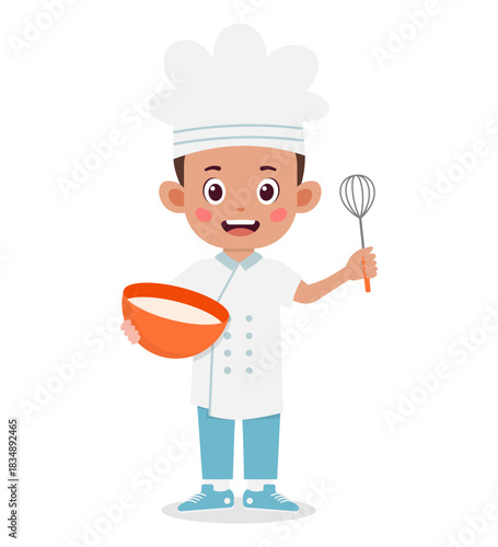 A cartoon boy wearing a chef's hat and uniform holds a bowl and whisk.