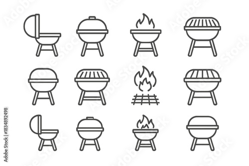 Simple line drawings of outdoor charcoal barbecue grills and open fire cooking elements