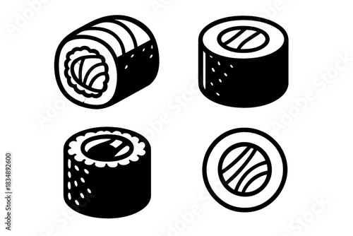 Minimalist black and white icons of Japanese sushi maki rolls and seafood cuisine