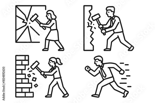 Dynamic set of business professionals overcoming challenges and moving forward quickly