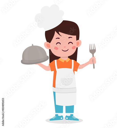 A cartoon girl wearing an apron holds a covered dish and fork.