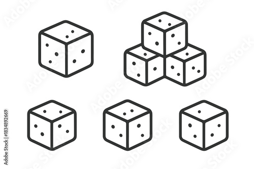 Single and stacked casino dice used for gambling and board games in isometric outline style