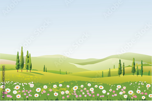 a peaceful green landscape with rolling hills trees and white wildflowers high quality