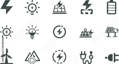 Collection of renewable energy and electricity icons representing sustainable power sources and energy concepts Art & Illustration