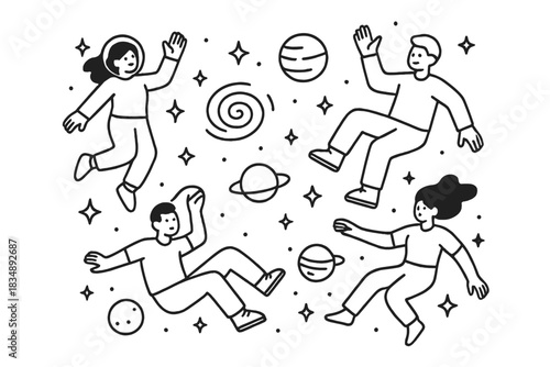 Diverse group of people floating weightlessly in space surrounded by planets and stars