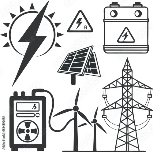 Collection of hand drawn icons representing renewable energy sources and electrical components for sustainable power Art & Illustration