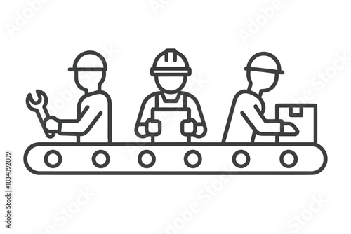 Factory workers performing manufacturing tasks on an assembly line conveyor belt