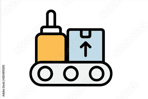Production line with dropper bottle and cardboard box on conveyor belt