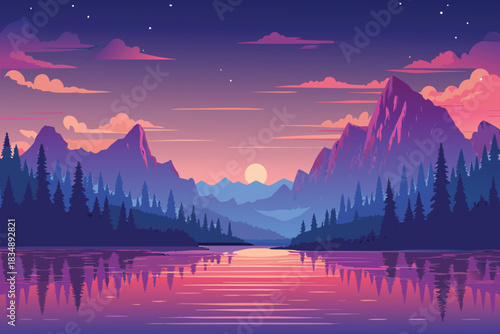 A serene landscape featuring majestic mountains a calm lake and a vibrant