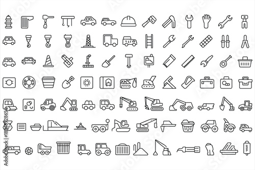 Diverse collection of construction and vehicle line art icons Keywords: construction, vehicle, icon, tool, equipment, machinery