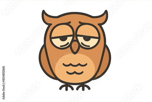 Cute sleepy brown owl cartoon character with tired and exhausted expression on white background