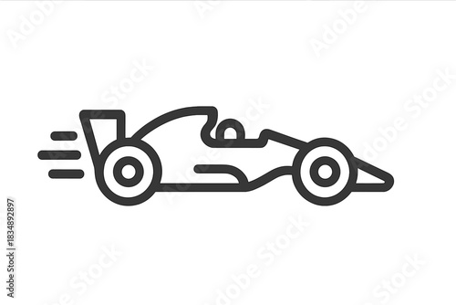 Dynamic black and white outline of a high-speed open-wheel formula race car speeding on a track