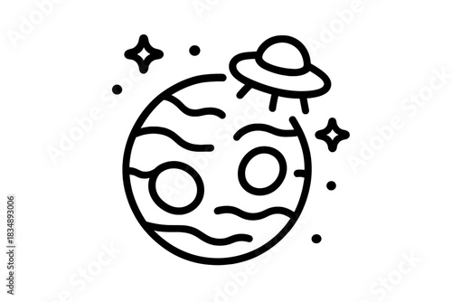 Flying saucer hovering above an alien planet in outer space with stars