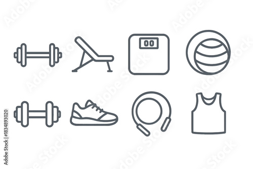 Minimalist collection of gym training equipment, fitness accessories, dumbbells, and athletic shoes