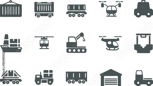 Collection of diverse transportation and logistics icons representing shipping delivery and warehousing solutions Art & Illustration