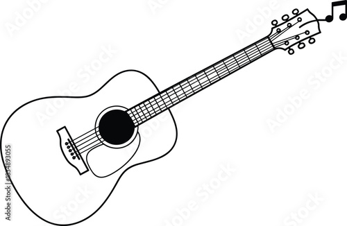Acoustic Guitar Outline Illustration Featuring a Music Note, Representing Instruments, Musical Hobbies, Songwriting, and Performance Art.