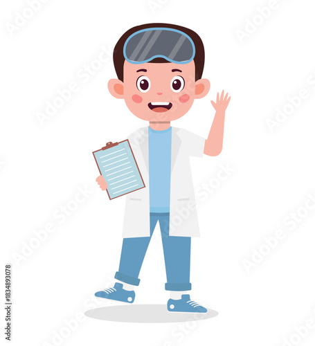 A cartoon boy in a lab coat and goggles waves while holding a clipboard on a white background.