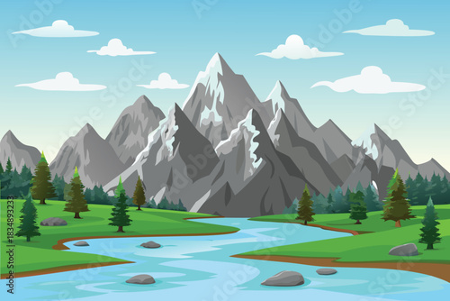 a landscape depicting majestic mountains a flowing river and lush green trees