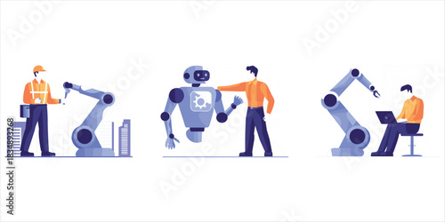 Industrial automation concept with robots and people in a modern setting factory technology