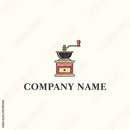Vintage Coffee Grinder Logo Design with Roastery Text and Red Handle.
