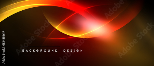Abstract design features flowing orange, red neon lines. Dark background creates dramatic visual impact. Modern aesthetic.
