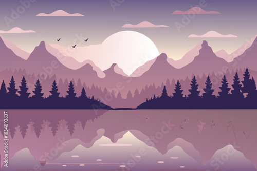 A serene landscape featuring mountains a full moon and a reflective lake