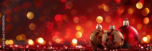 Festive new year and christmas celebration with red ornament background. Horizontal banner. Copy space. Red festive background. Free space for text