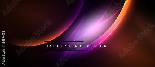 Abstract design features vibrant curves, gradients. Purple, orange hues dominate dark background. Modern aesthetic, dynamic composition.