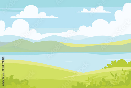 a peaceful landscape with rolling green hills blue lake and fluffy white