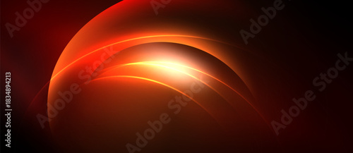 Abstract red design features curved layers, glowing center. Dramatic lighting creates dynamic visual impact. Warm tones dominate composition.