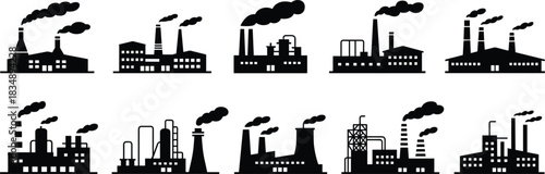 Black silhouette icons of industrial factories with smoke plumes factory industry