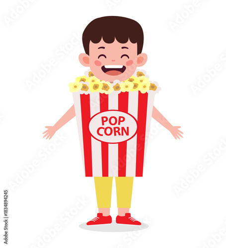 A cartoon boy dressed as a popcorn bucket with a red and white striped costume and a happy expression.