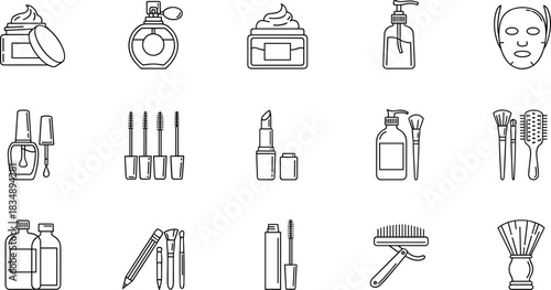 Cosmetics and Beauty Products Outline Icons Set Featuring Makeup, Skincare, Fragrances, and Tools, Illustrating Personal Care and Luxury Accessories.