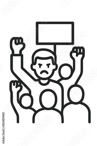 Group of angry protesters raising fists and holding a blank placard during a political demonstration