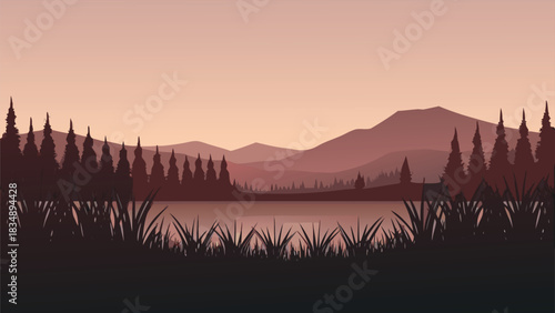 A serene landscape showcasing a calm lake surrounded by silhouetted trees high quality
