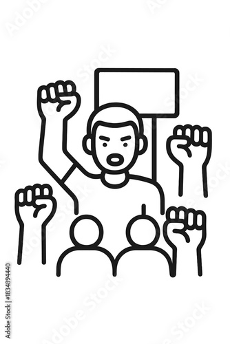 Angry crowd protesting with raised fists and blank sign demanding rights and freedom