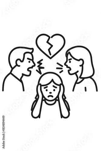 Sad child covering ears while parents scream and fight, symbolizing family conflict and divorce