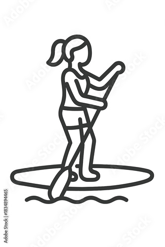 Minimalist line art depiction of a woman stand up paddleboarding on the water surface