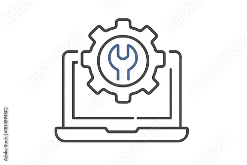 Laptop computer with gear and wrench icon for technical service and system maintenance