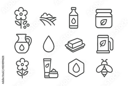 Natural organic farming and eco-friendly product symbols flower field honey cosmetic oil soap