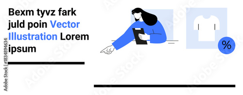 E-commerce, online shopping, retail, sales promotion, fashion, discount marketing. Woman pointing at a clothing icon with a discount sign in a digital layout. E-commerce and online shopping