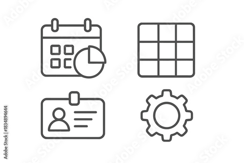 Outline icons for business planning, data organization, user identification, and system settings