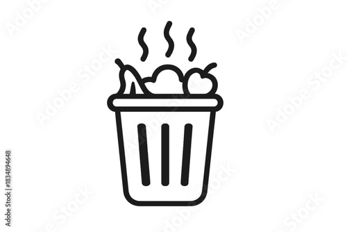 Trash can outline symbol with rotting organic food waste and odor waves