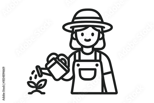 Gardener character wearing a hat and apron watering a young plant sprout with a can