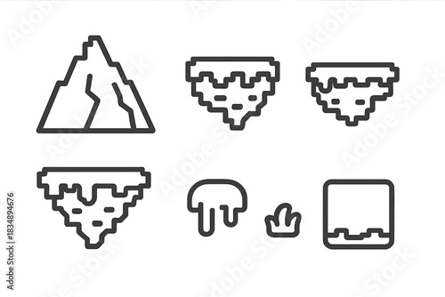 Pixelated game environment icons set featuring mountain, platforms, and terrain elements