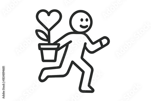 Happy stick figure running while carrying a potted plant with a large heart flower