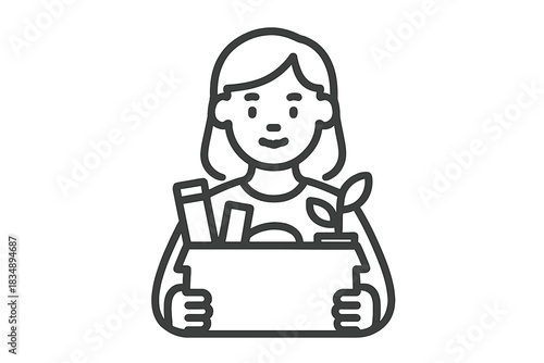 Smiling person carrying a box filled with sustainable goods and a small potted plant