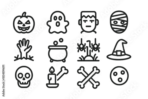 Spooky collection of Halloween symbols featuring pumpkin, ghost, Frankenstein, and witch hat outlines